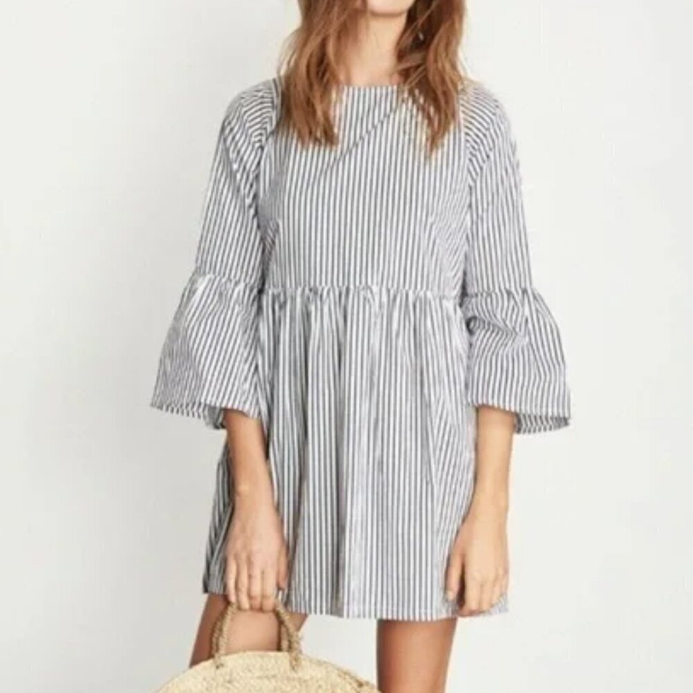 Faithfull The Brand Phoebe striped mini dress blue gray white cotton lantern 4